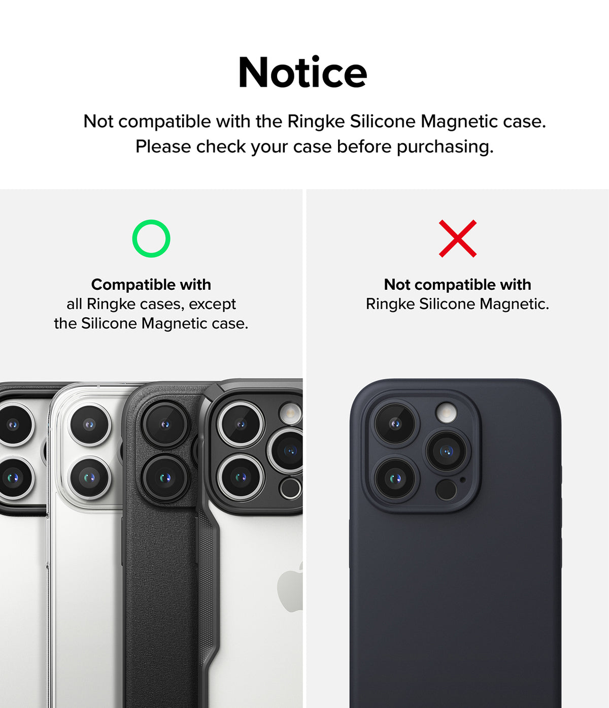 iPhone 15 Pro Max | Camera Lens Frame Glass - iPhone 15 Pro Max | Compatibility chart showing camera lens frame glass works with standard cases but not silicone magnetic.