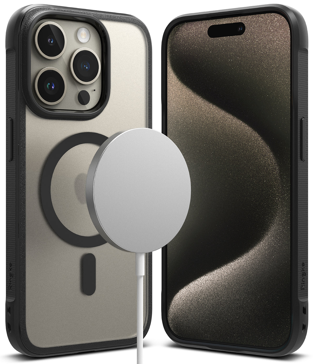 iPhone 15 Pro Max Case | Fusion Bold Magnetic - Matte black case with MagSafe ring, shown from front and back views.