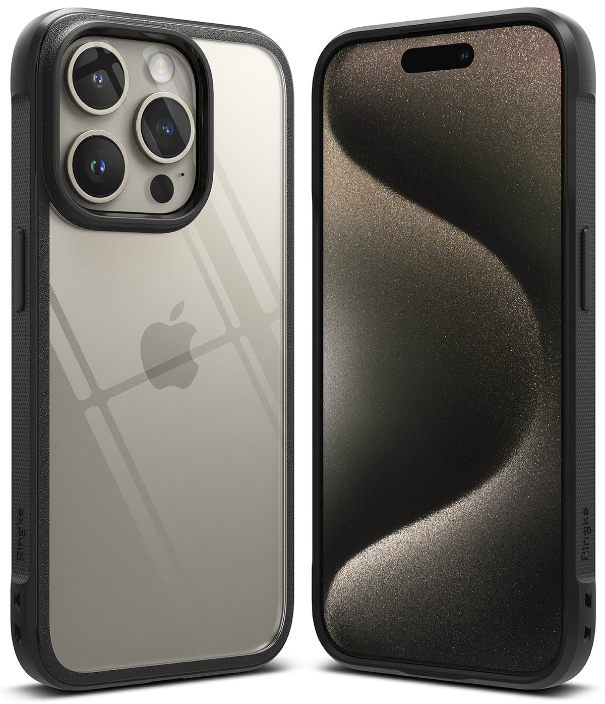 iPhone 15 Pro Max Case | Fusion Bold - Front and back views of a black protective phone case with a clear back panel.