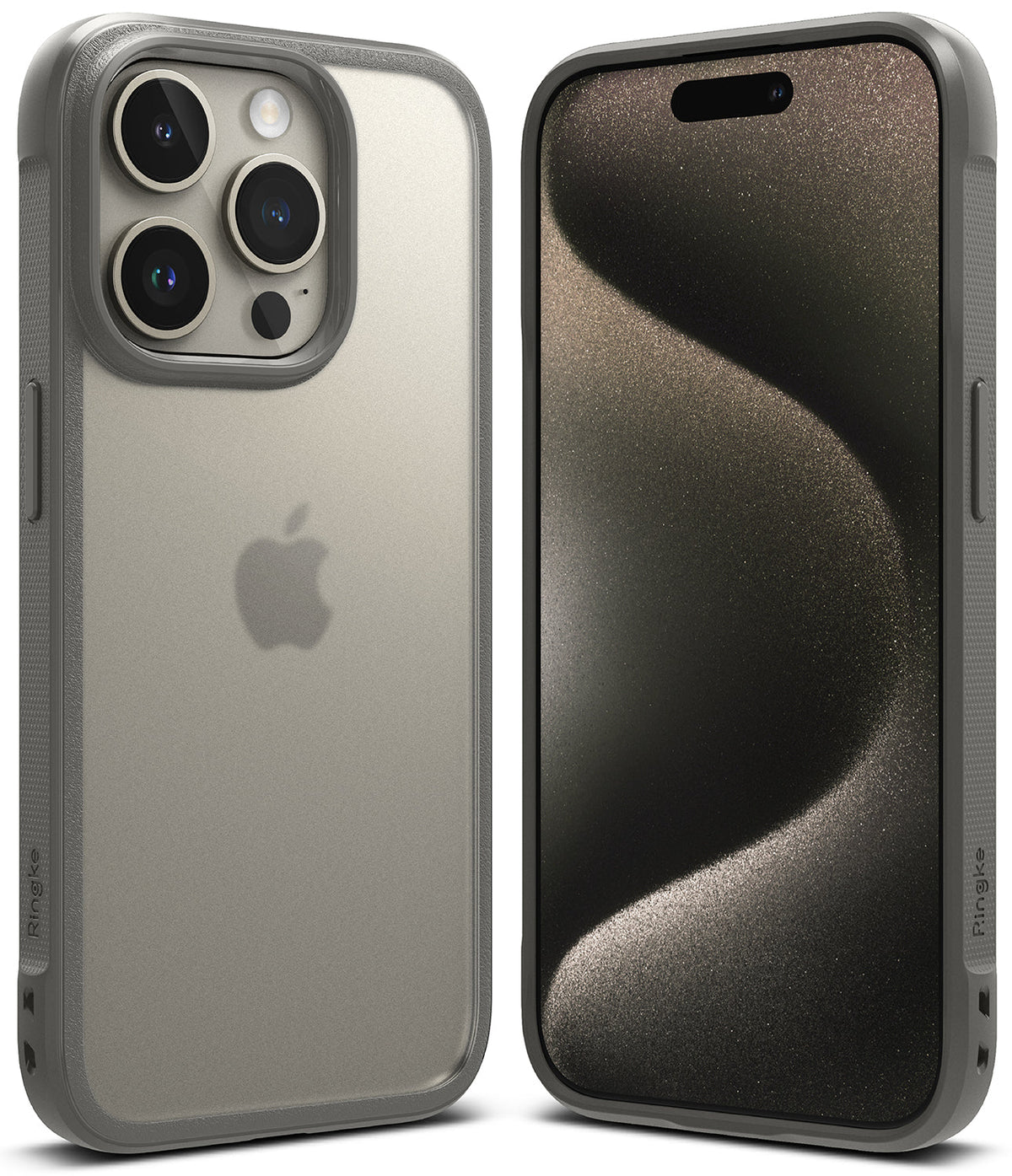iPhone 15 Pro Max Case | Fusion Bold - Front and back view of a gray iPhone 15 Pro Max in a matte, protective phone case.