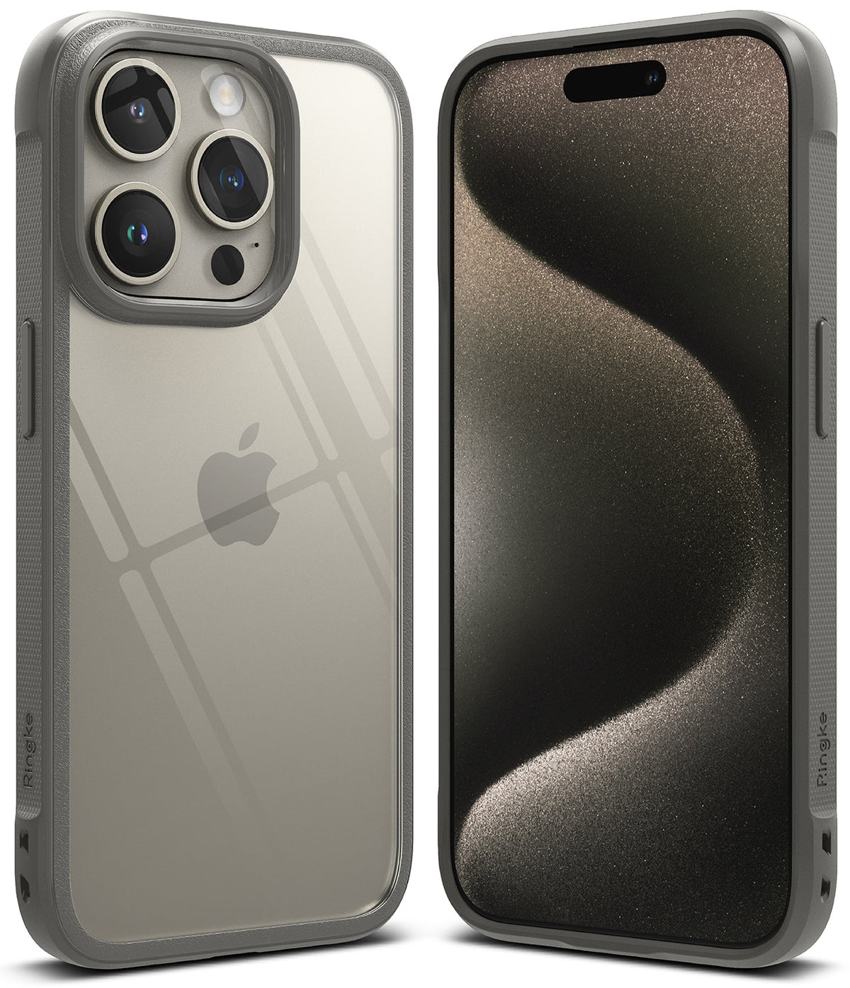 iPhone 15 Pro Max Case | Fusion Bold - Front and back views of a gray protective phone case with a clear back panel.