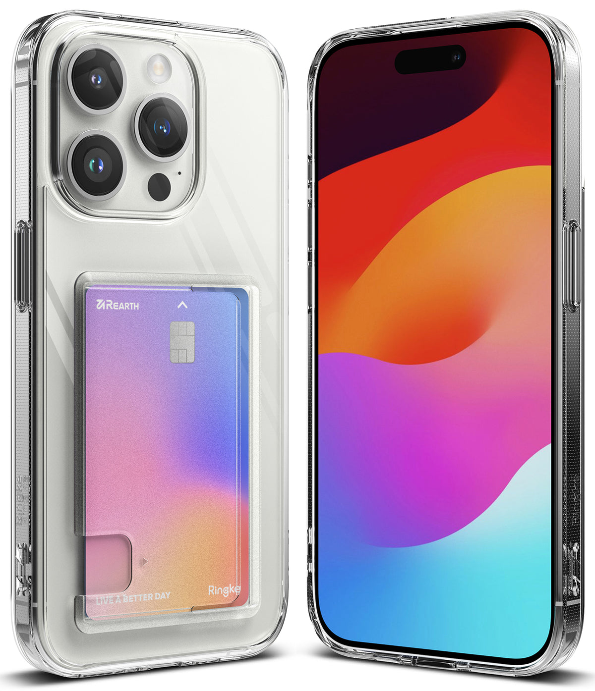 iPhone 15 Pro Max Case | Fusion Card - Clear phone case with a rear card slot holding a gradient-colored credit card.