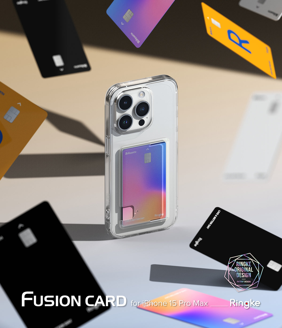 iPhone 15 Pro Max Case | Fusion Card - Clear phone case holding a gradient card, surrounded by floating credit cards.