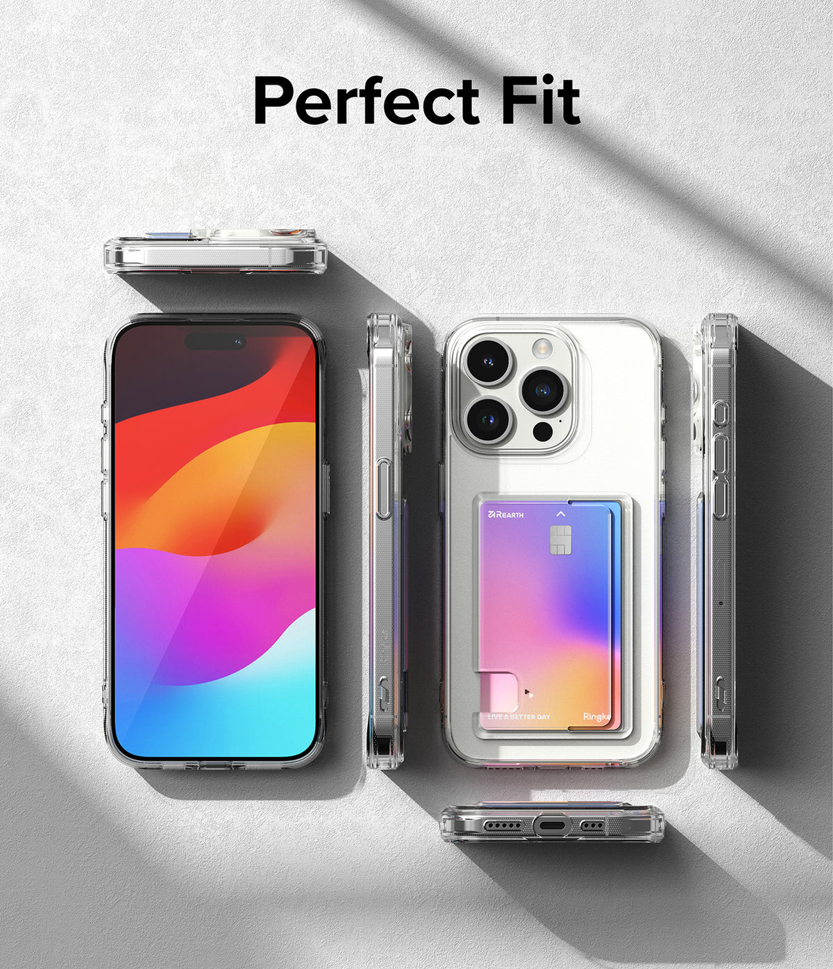 iPhone 15 Pro Max Case | Fusion Card - Clear phone case with a gradient card holder, shown from multiple angles.