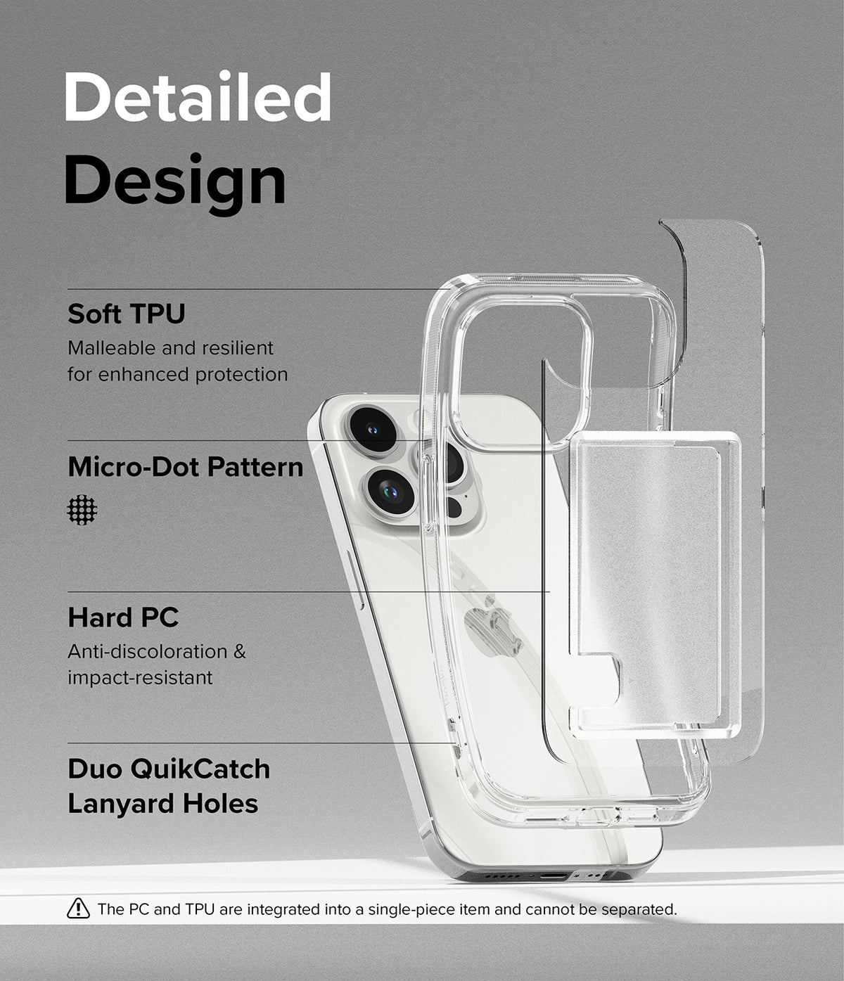 iPhone 15 Pro Max Case | Fusion Card - Exploded view of a clear phone case highlighting TPU, PC, and lanyard features.