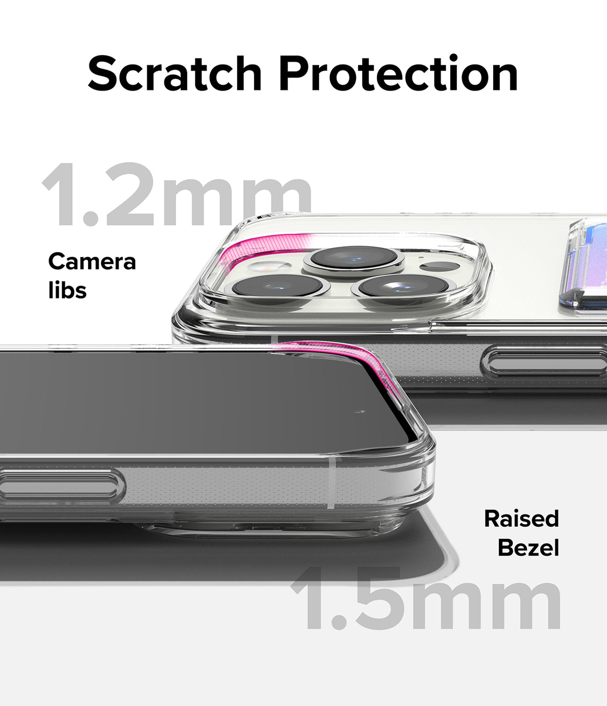 iPhone 15 Pro Max Case | Fusion Card - Clear phone case showing 1.2mm camera lens protection and 1.5mm raised screen bezel.