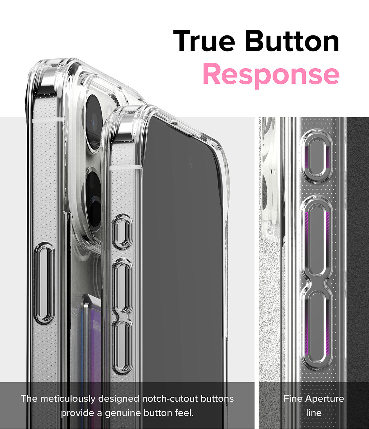 iPhone 15 Pro Max Case | Fusion Card - Clear phone case showing detailed button cutouts for tactile response.