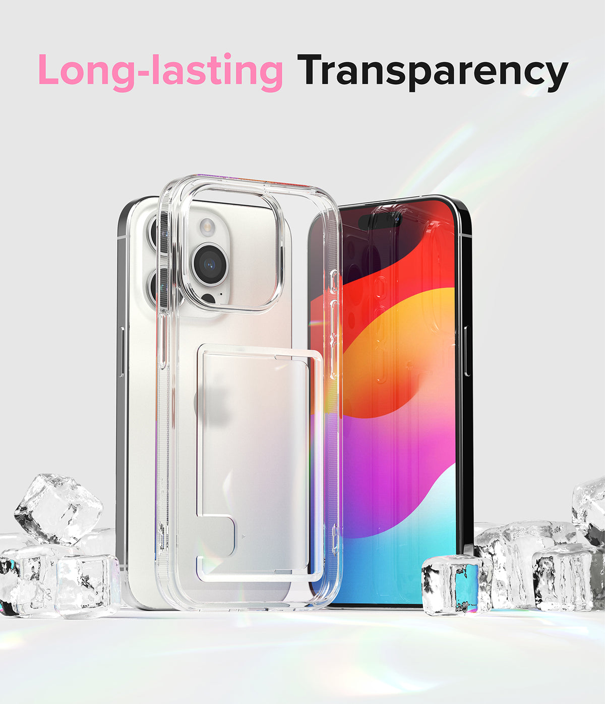 iPhone 15 Pro Max Case | Fusion Card - Clear phone case with card slot on a white background surrounded by ice cubes.