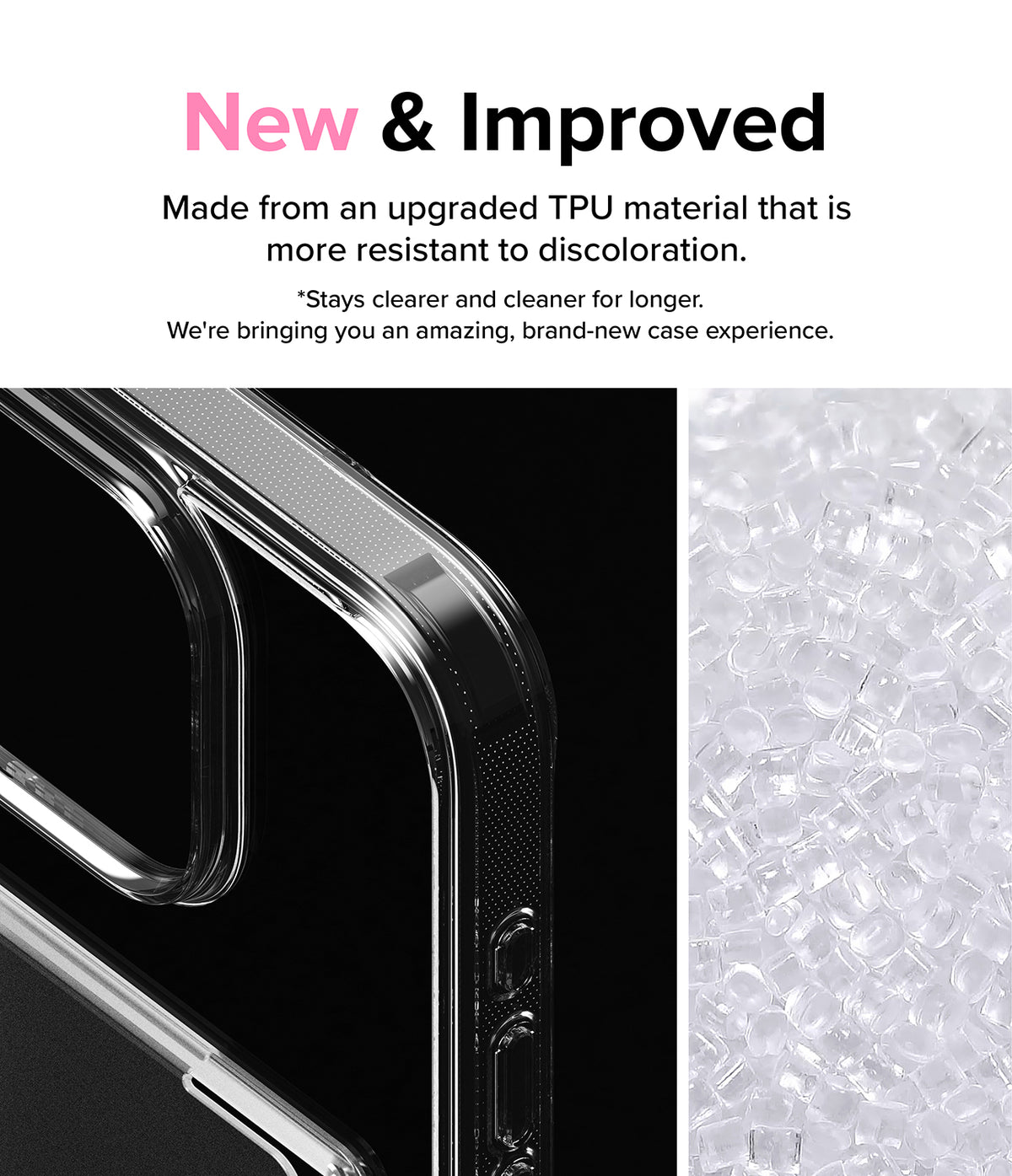 iPhone 15 Pro Max Case | Fusion Card - Close-up of a clear phone case edge next to a pile of raw TPU plastic pellets.