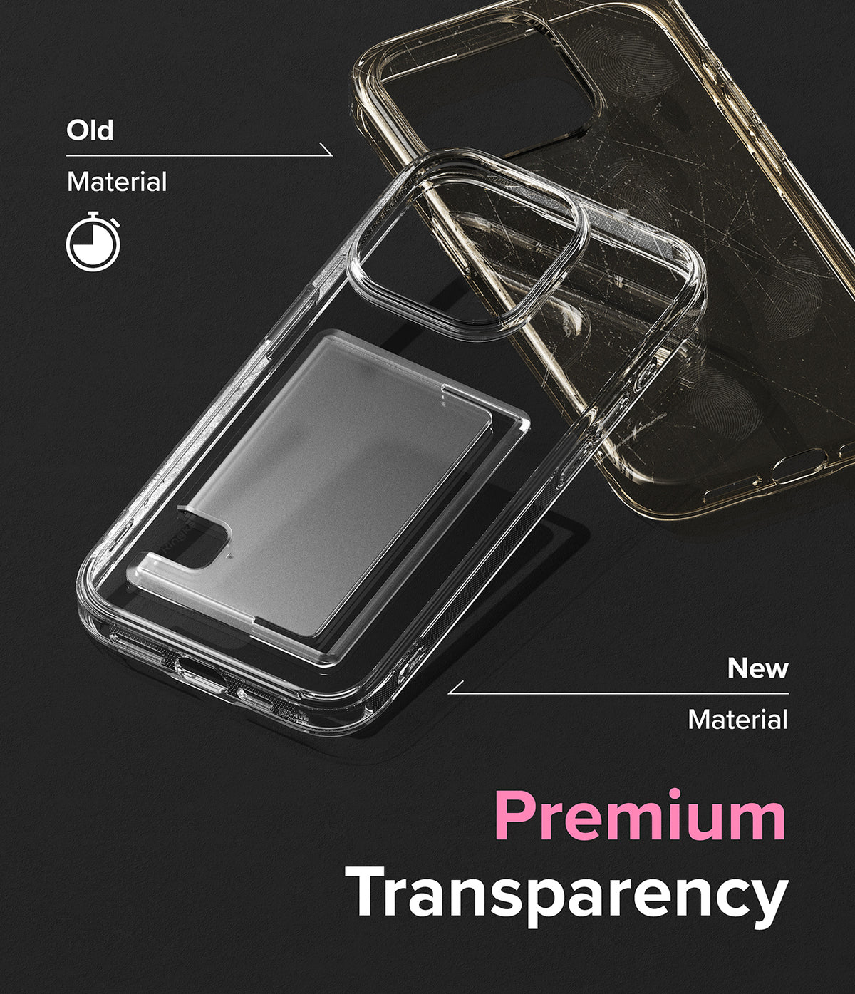 iPhone 15 Pro Max Case | Fusion Card - Comparison of a yellowed, scratched old phone case and a clear, new premium case.