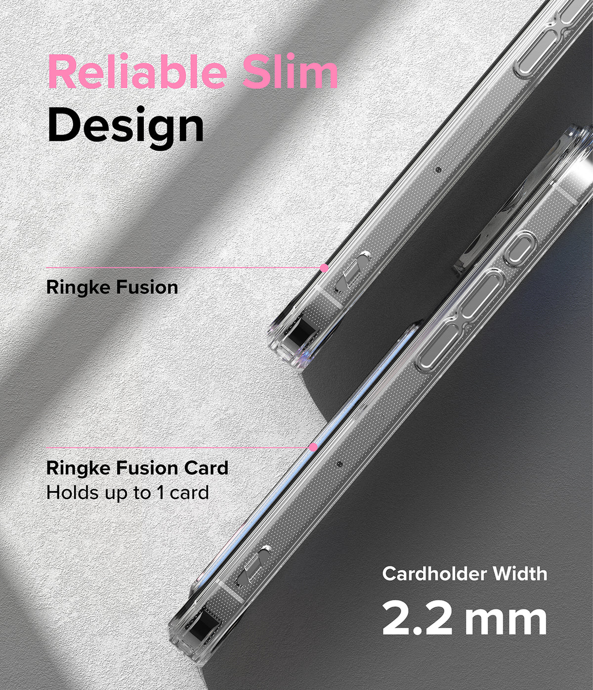 iPhone 15 Pro Max Case | Fusion Card - Side-by-side comparison of slim clear phone cases with a 2.2mm cardholder slot.