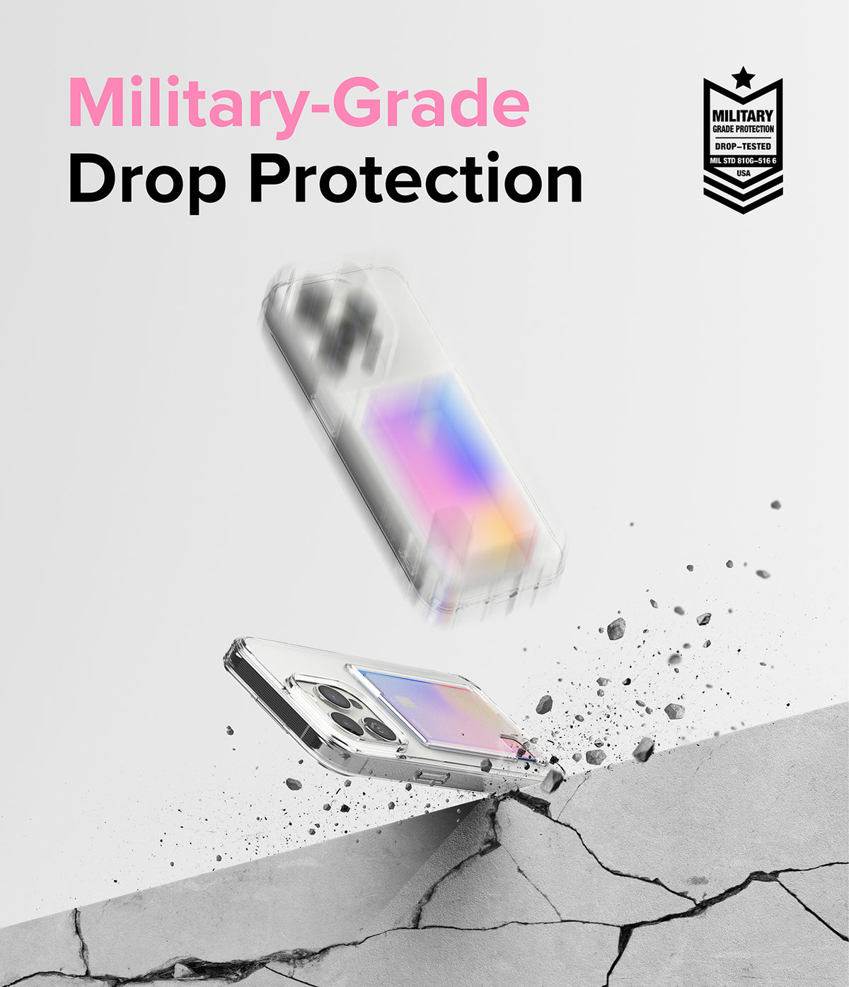 iPhone 15 Pro Max Case | Fusion Card - Clear phone case with card slot hitting a cracked surface, showing drop protection.