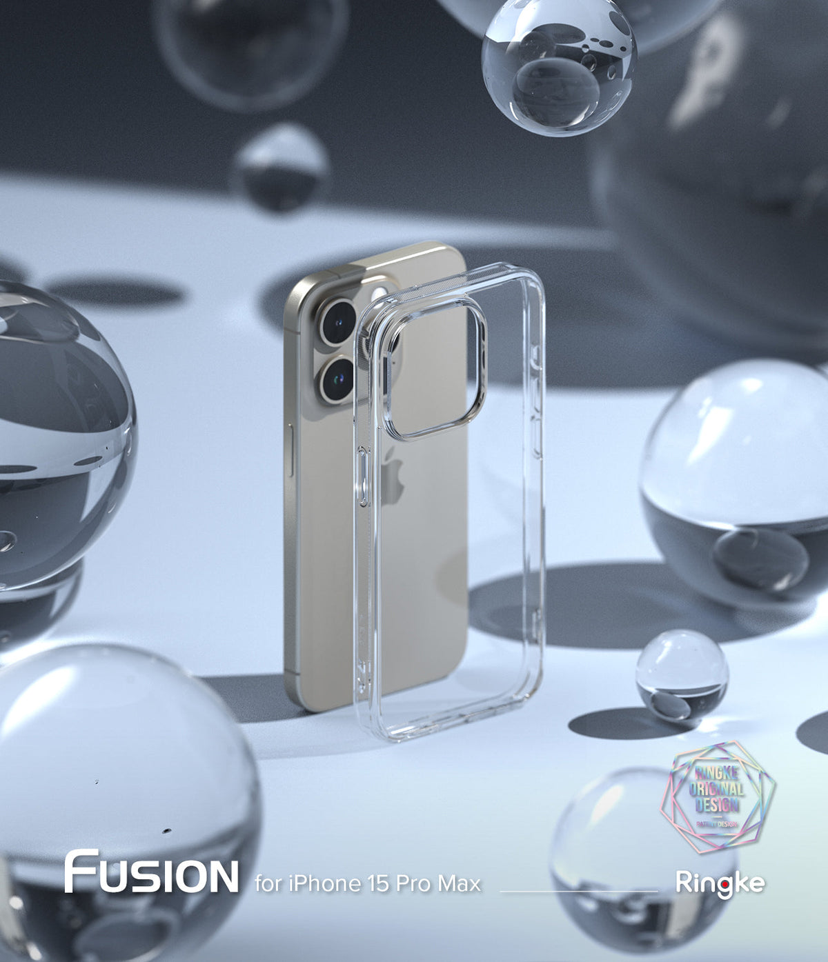 iPhone 15 Pro Max Case | Fusion - Clear phone case standing beside a gold iPhone 15 Pro Max surrounded by floating glass orbs.
