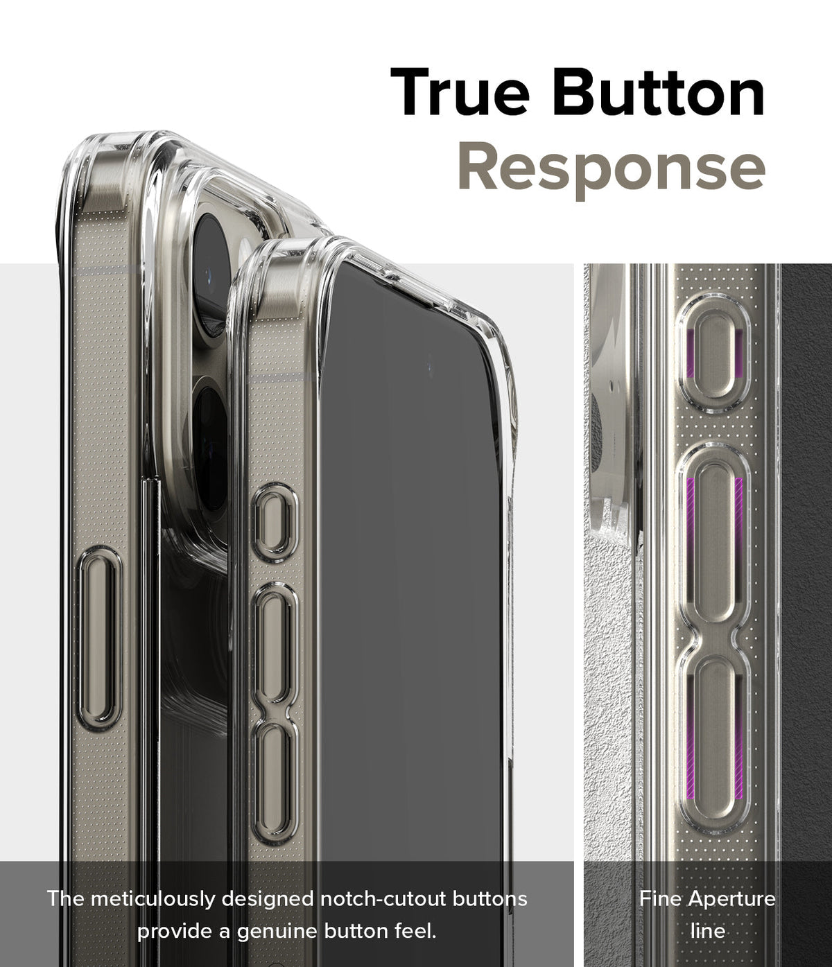 iPhone 15 Pro Max Case | Fusion - Clear phone case showing detailed notch-cutout buttons for tactile response.