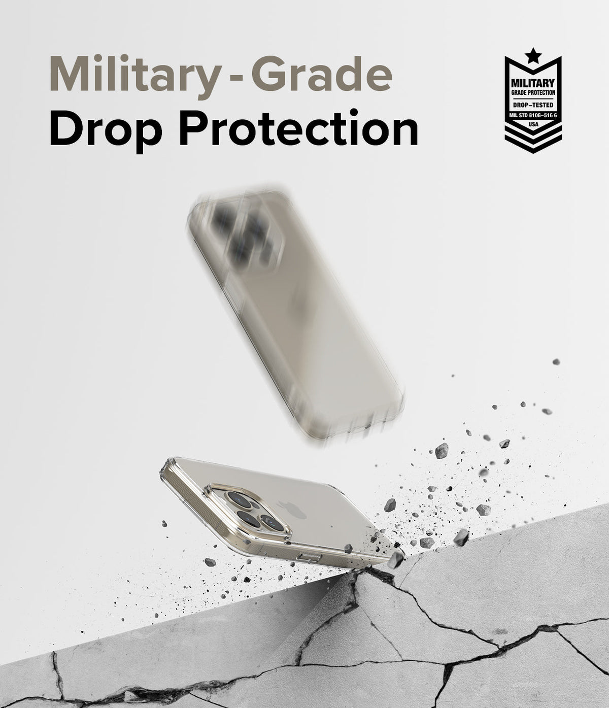 iPhone 15 Pro Max Case | Fusion - Clear phone case bouncing off a cracked concrete surface with military-grade certification.
