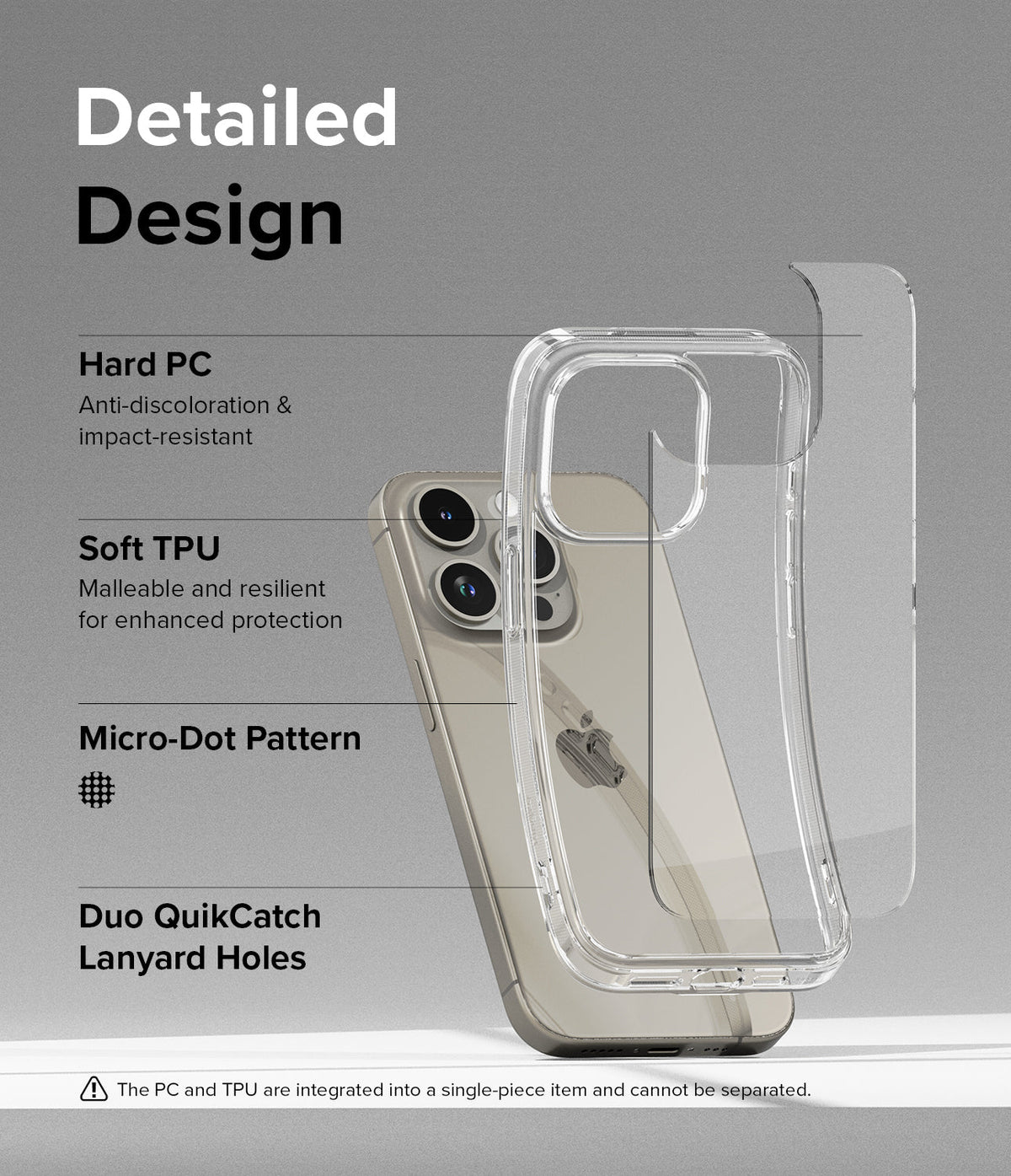 iPhone 15 Pro Max Case | Fusion - Exploded view of a clear phone case showing PC, TPU, and micro-dot layers over an iPhone.