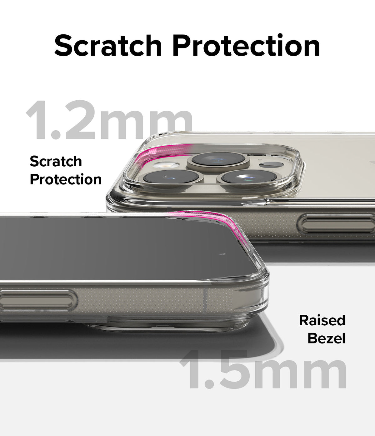 iPhone 15 Pro Max Case | Fusion - Clear case showing 1.2mm camera and 1.5mm screen raised bezels for scratch protection.