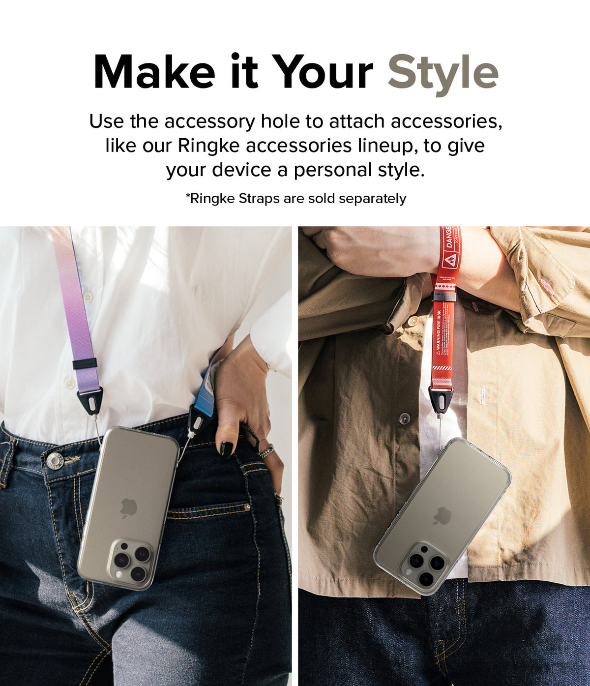 iPhone 15 Pro Max Case | Fusion - Two people wearing phones with colorful lanyards attached to the case accessory holes.