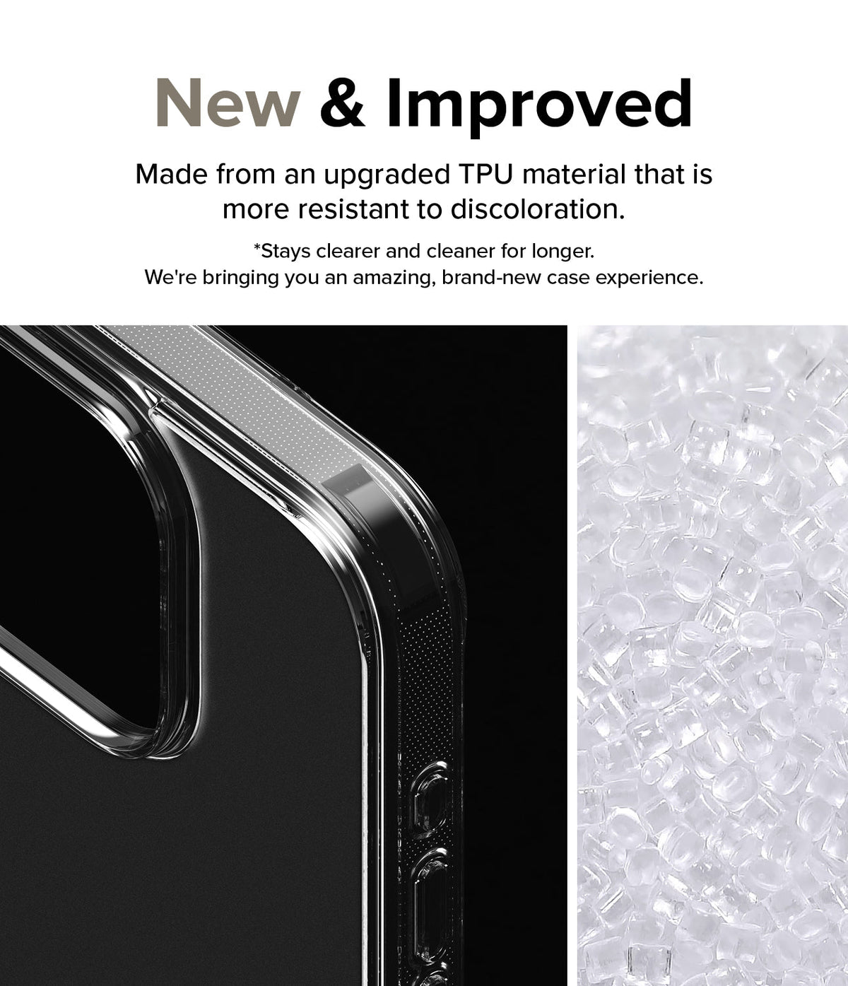 iPhone 15 Pro Max Case | Fusion - Close-up of a clear phone case corner next to raw TPU plastic pellets.
