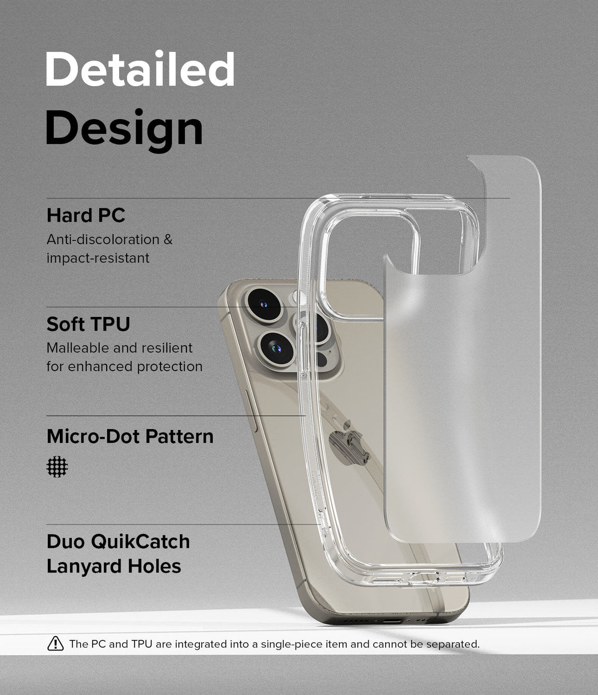 iPhone 15 Pro Max Case | Fusion - Exploded view of a clear phone case highlighting PC, TPU, and lanyard features.