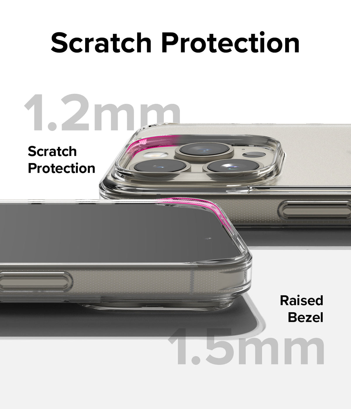 iPhone 15 Pro Max Case | Fusion - Clear phone case showing 1.2mm camera and 1.5mm screen raised bezels for scratch protection.