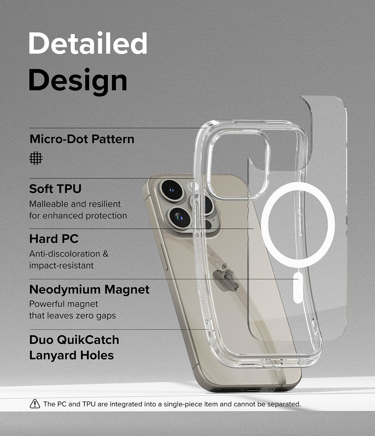 iPhone 15 Pro Max Case | Fusion Magnetic - Exploded view of a clear phone case highlighting material features.