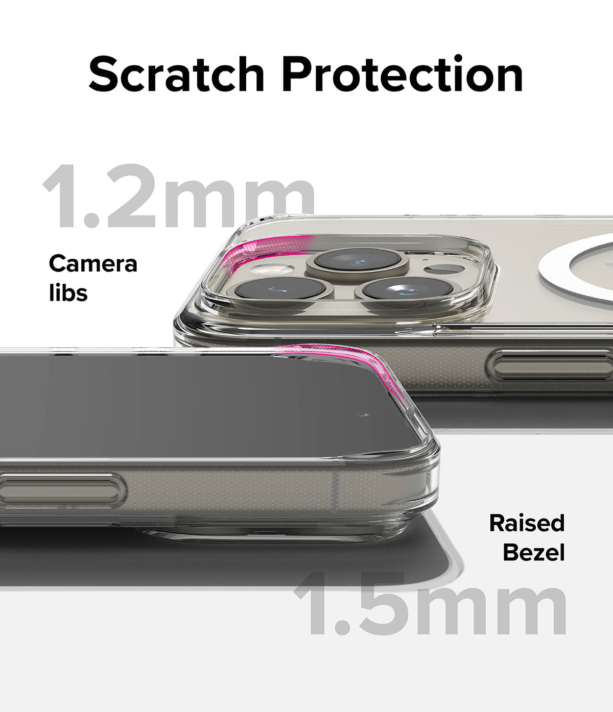 iPhone 15 Pro Max Case | Fusion Magnetic - Clear phone case showing 1.2mm camera lens and 1.5mm screen bezel protection.