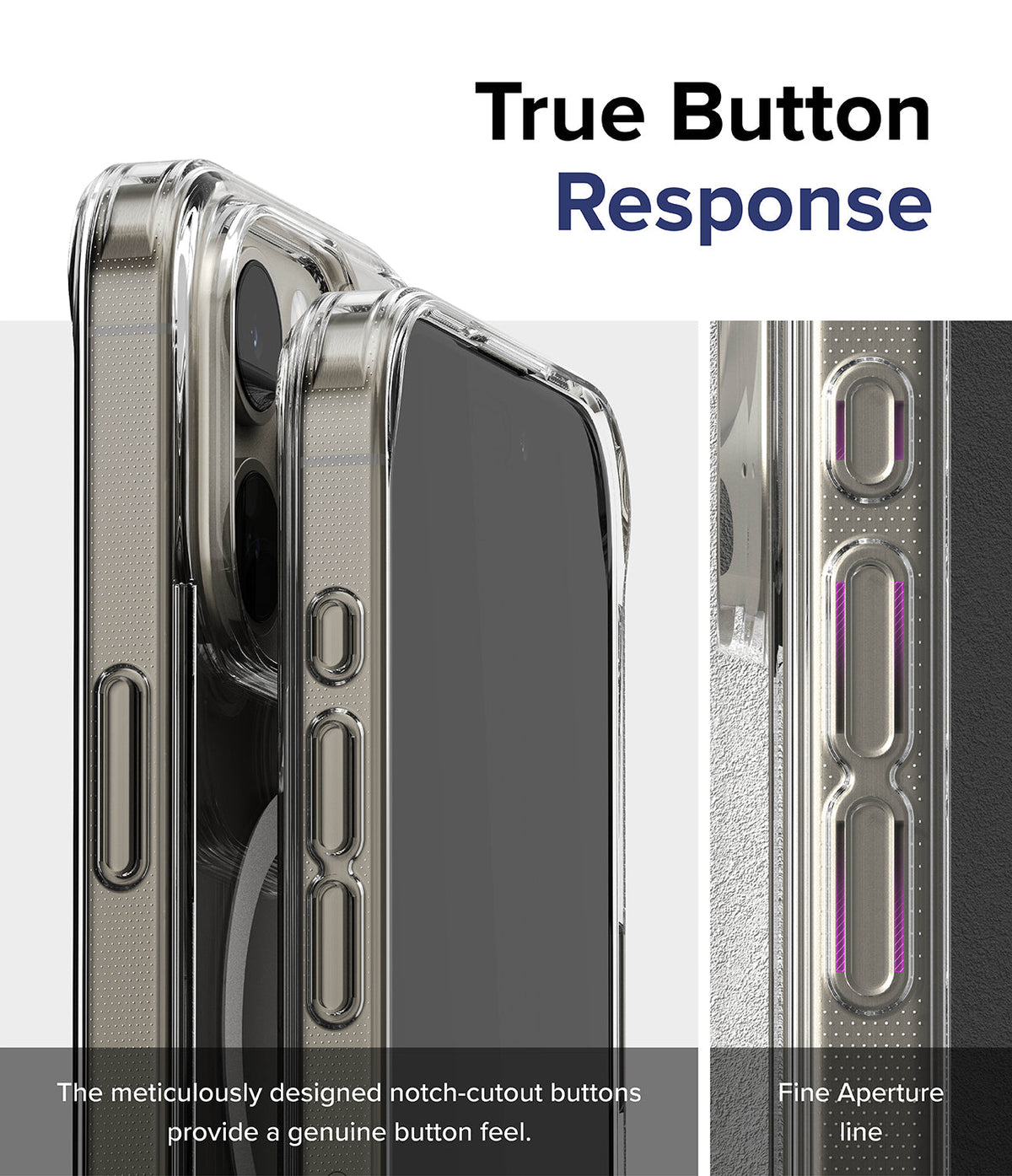 iPhone 15 Pro Max Case | Fusion Magnetic - Close-up of clear phone case buttons with notch-cutout design for tactile feel.