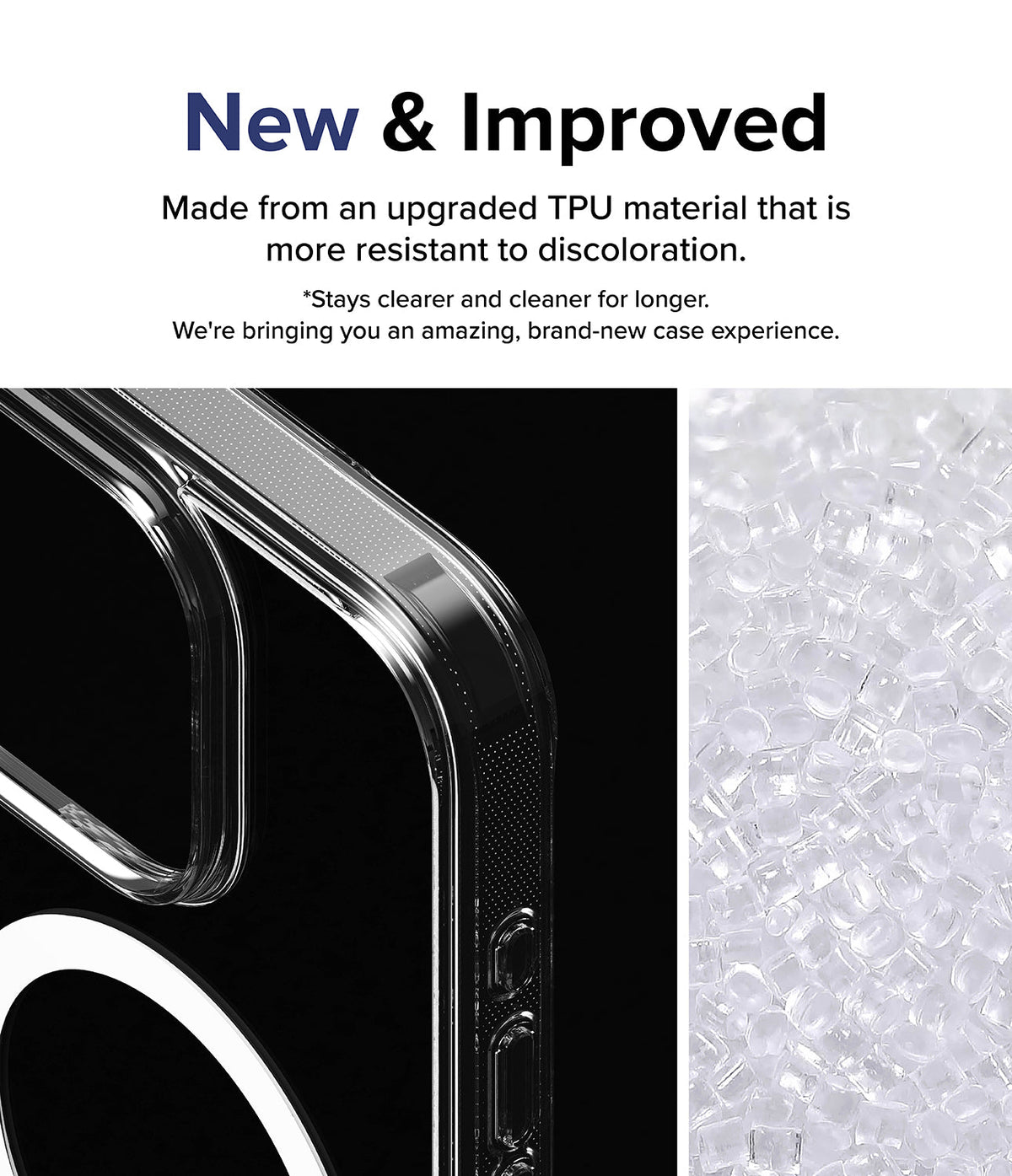 iPhone 15 Pro Max Case | Fusion Magnetic - Clear phone case corner detail next to a pile of raw TPU plastic pellets.