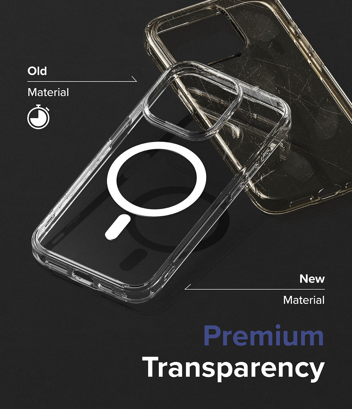 iPhone 15 Pro Max Case | Fusion Magnetic - Comparison of a yellowed, scratched old case and a clear new magnetic case.