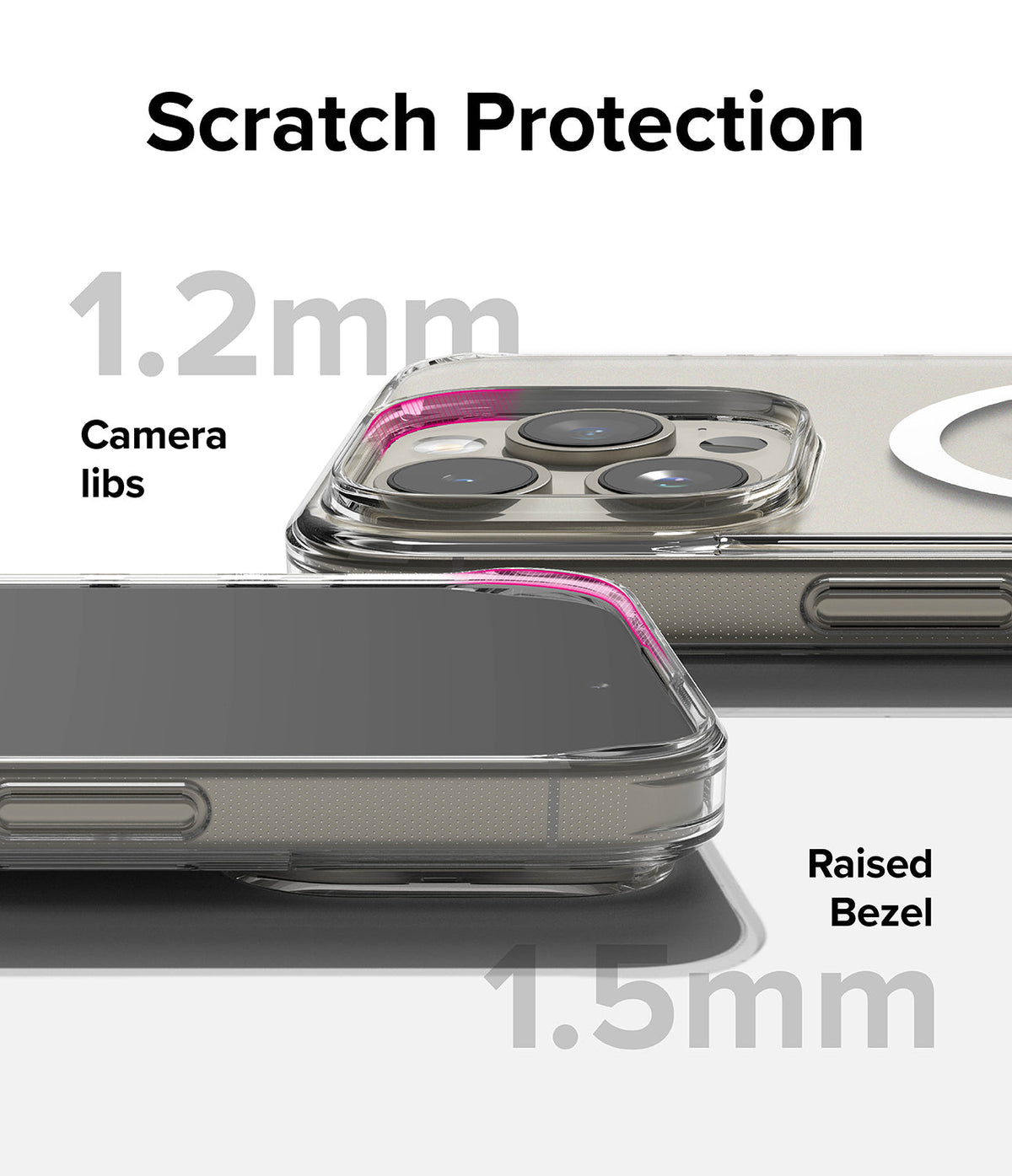 iPhone 15 Pro Max Case | Fusion Magnetic - Clear phone case showing 1.2mm camera lip and 1.5mm raised screen bezel.