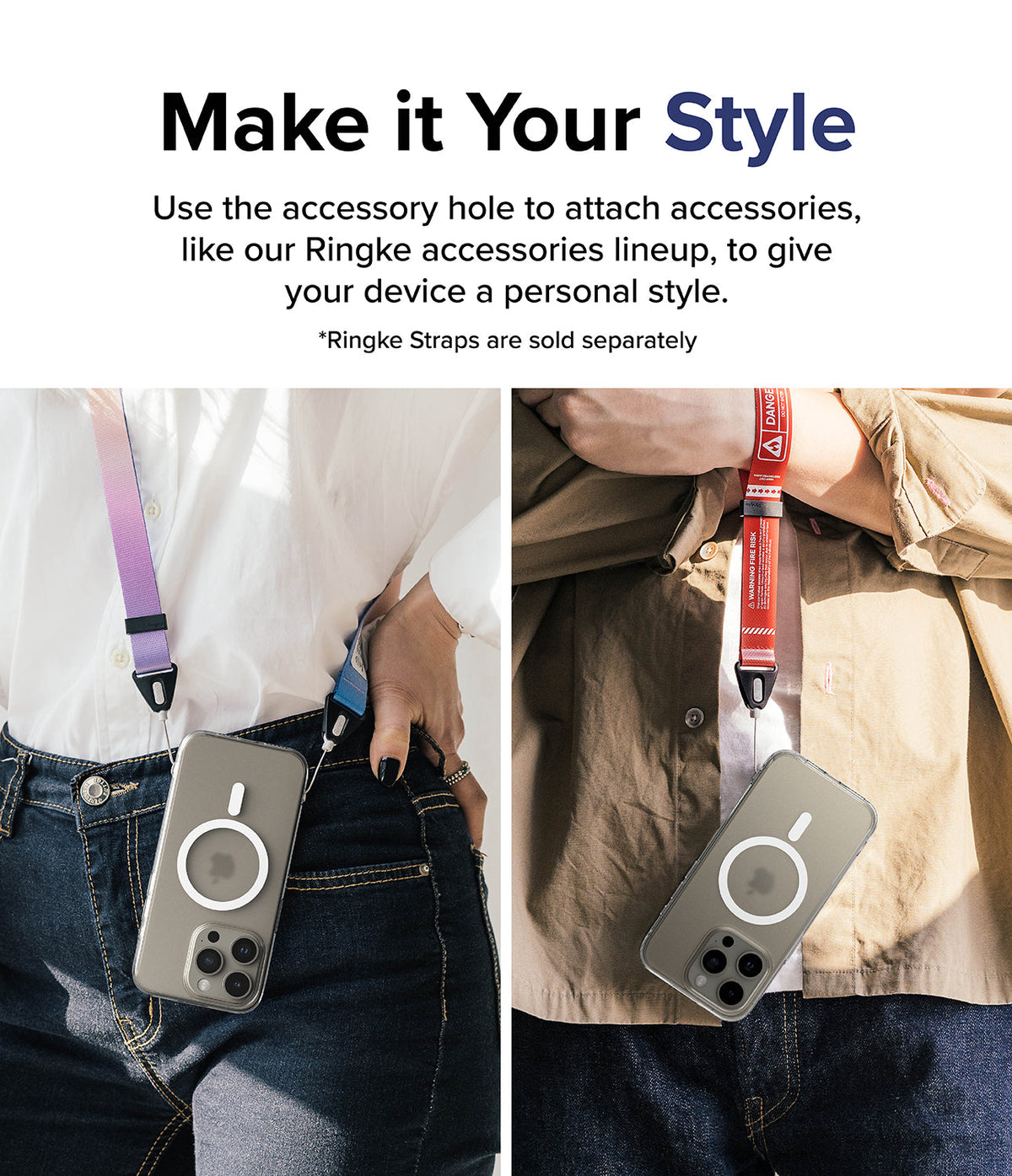iPhone 15 Pro Max Case | Fusion Magnetic - Two people wearing iPhone 15 Pro Max cases with colorful lanyards attached.