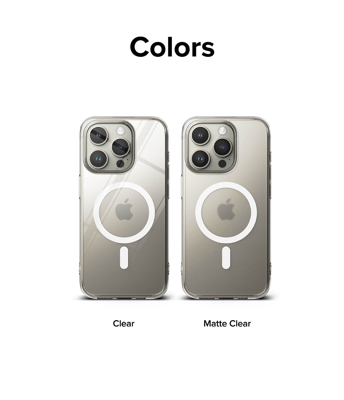 iPhone 15 Pro Max Case | Fusion Magnetic - Two iPhone 15 Pro Max phones in clear and matte clear magnetic cases.