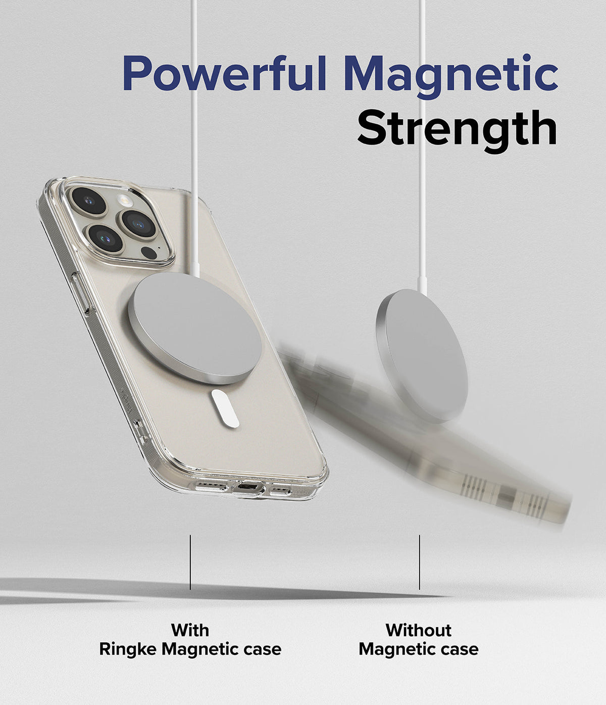 iPhone 15 Pro Max Case | Fusion Magnetic - A phone with a magnetic case stays attached to a charger while another falls.