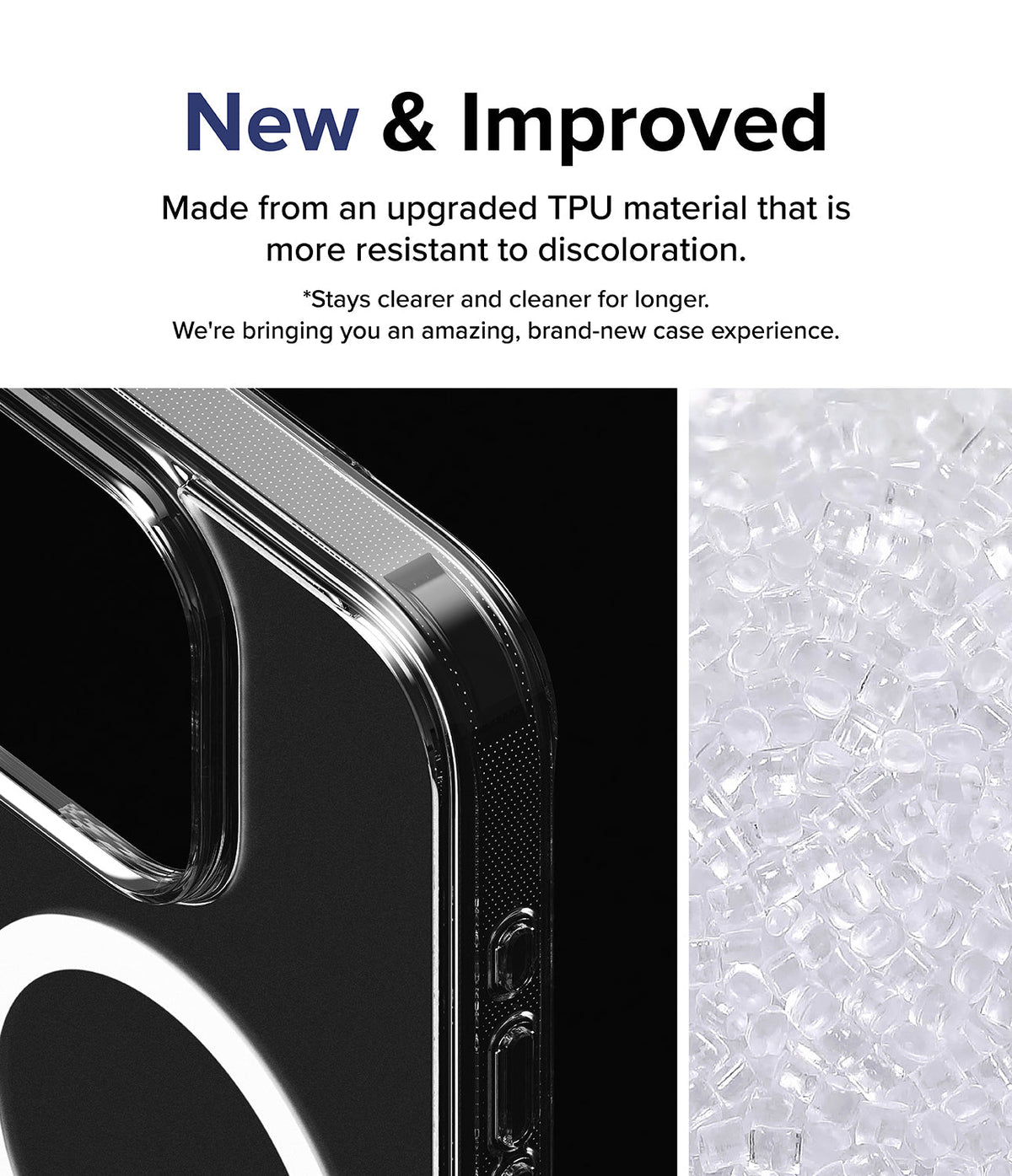 iPhone 15 Pro Max Case | Fusion Magnetic - Clear phone case corner detail next to a pile of raw TPU plastic pellets.