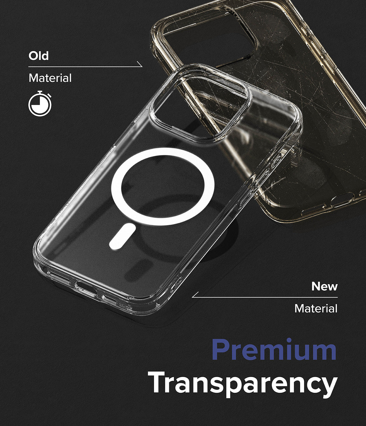iPhone 15 Pro Max Case | Fusion Magnetic - Comparison of a yellowed, scratched old case and a clear new MagSafe case.