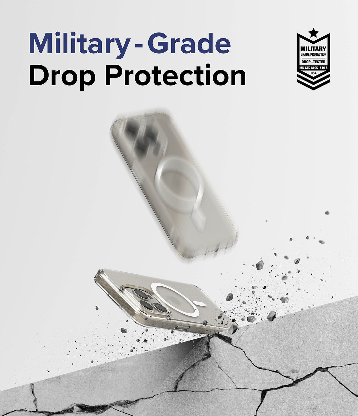 iPhone 15 Pro Max Case | Fusion Magnetic - Clear phone case bouncing off a cracked concrete surface with debris.