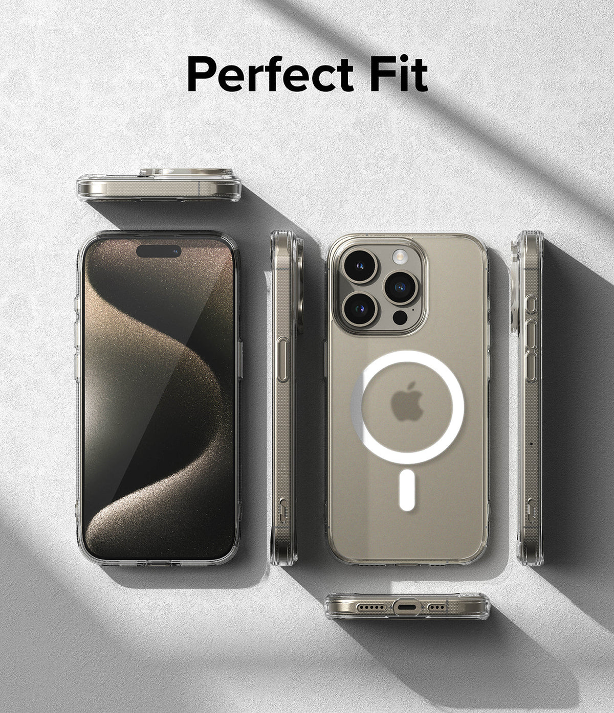 iPhone 15 Pro Max Case | Fusion Magnetic - Clear phone case showing front, back with MagSafe ring, and side profiles.