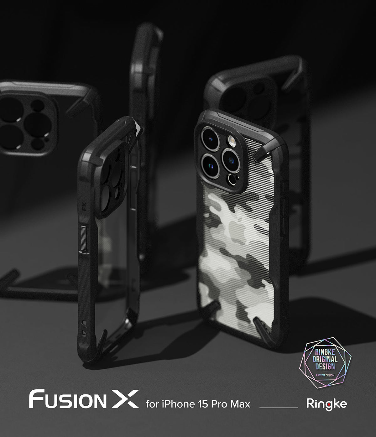 iPhone 15 Pro Max Case | Fusion-X - Multiple black Fusion-X cases with camo patterns arranged on a dark surface.