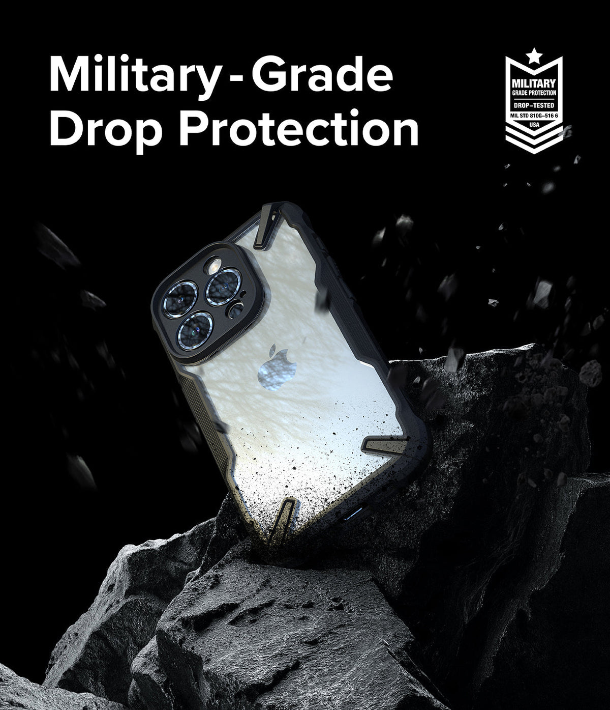 iPhone 15 Pro Max Case | Fusion-X - iPhone 15 Pro Max in a rugged black case resting on jagged rocks with debris.