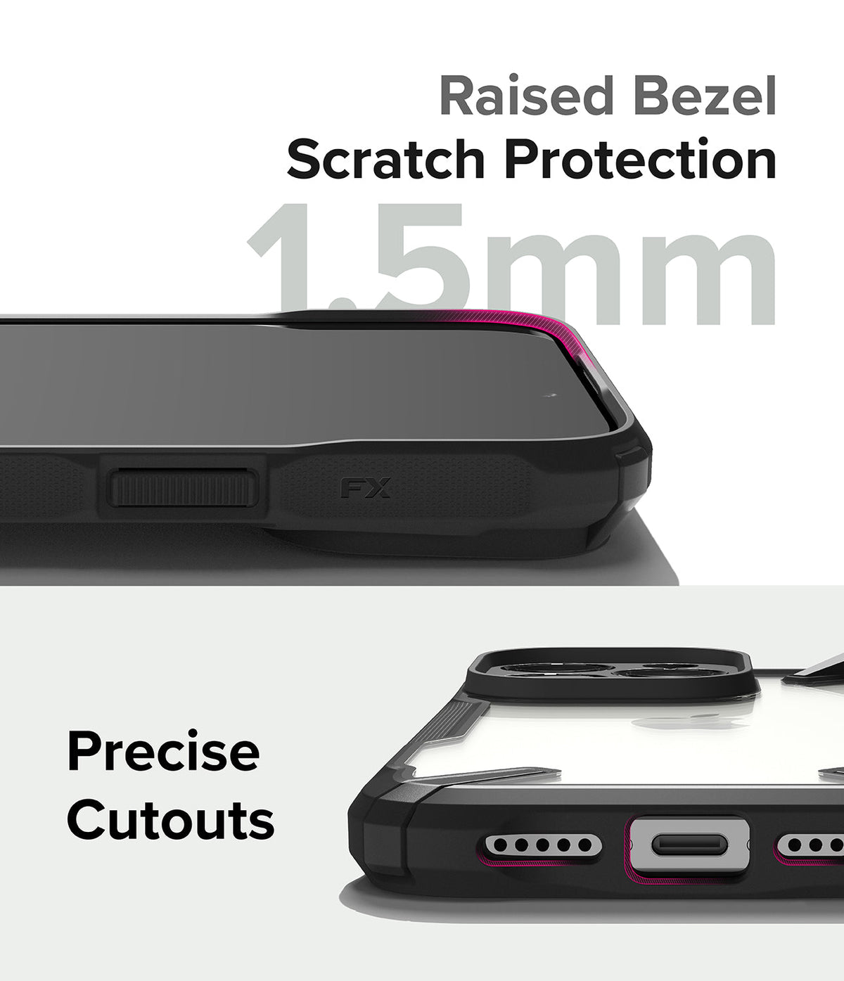iPhone 15 Pro Max Case | Fusion-X - Close-up of phone case showing 1.5mm raised bezel and precise port cutouts.
