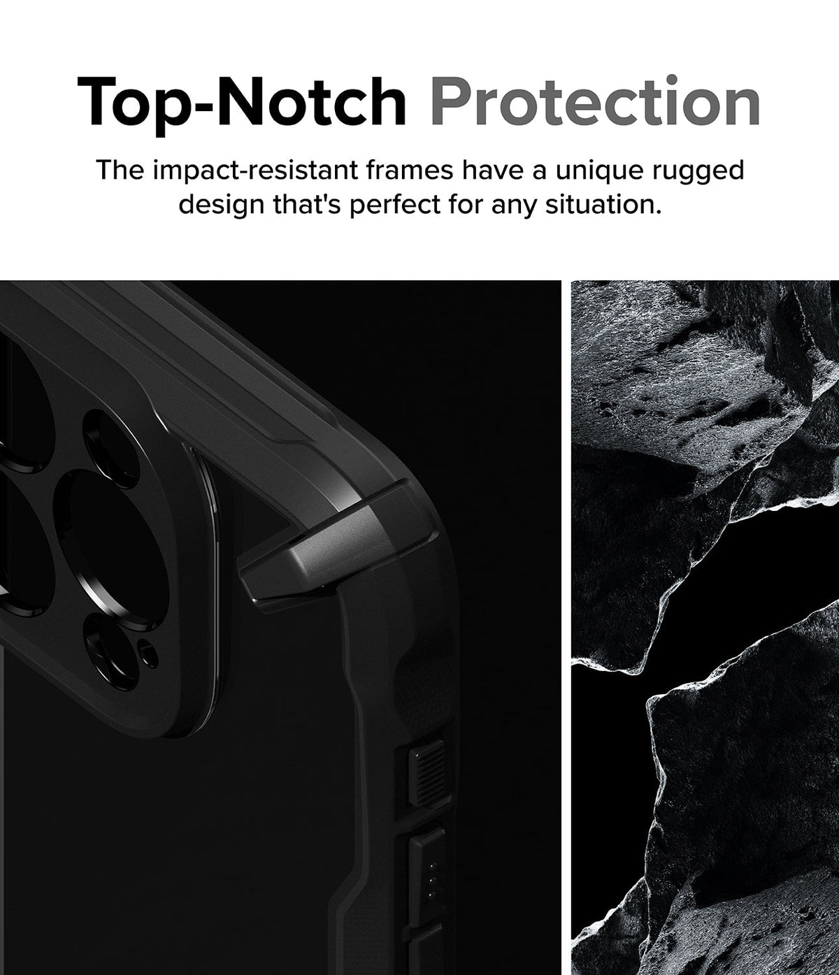 iPhone 15 Pro Max Case | Fusion-X - Close-up of a black rugged phone case corner next to a textured rock surface.