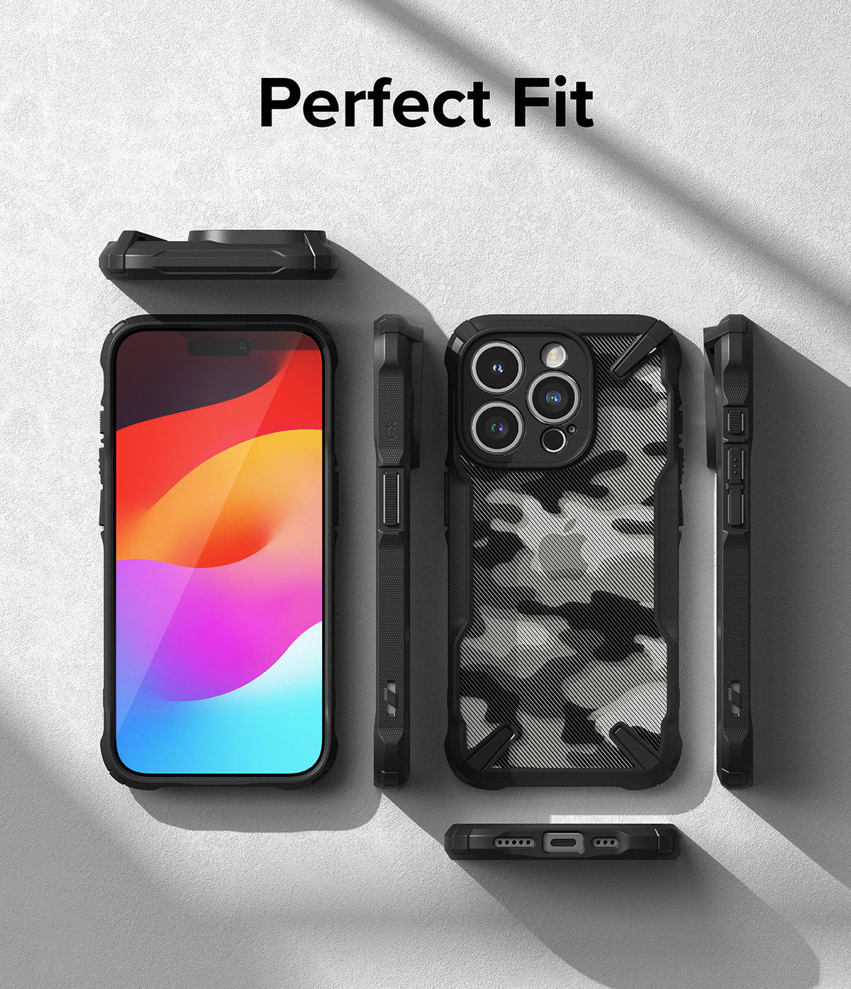 iPhone 15 Pro Max Case | Fusion-X - Exploded view of a black camo phone case showing front, back, and side profiles.