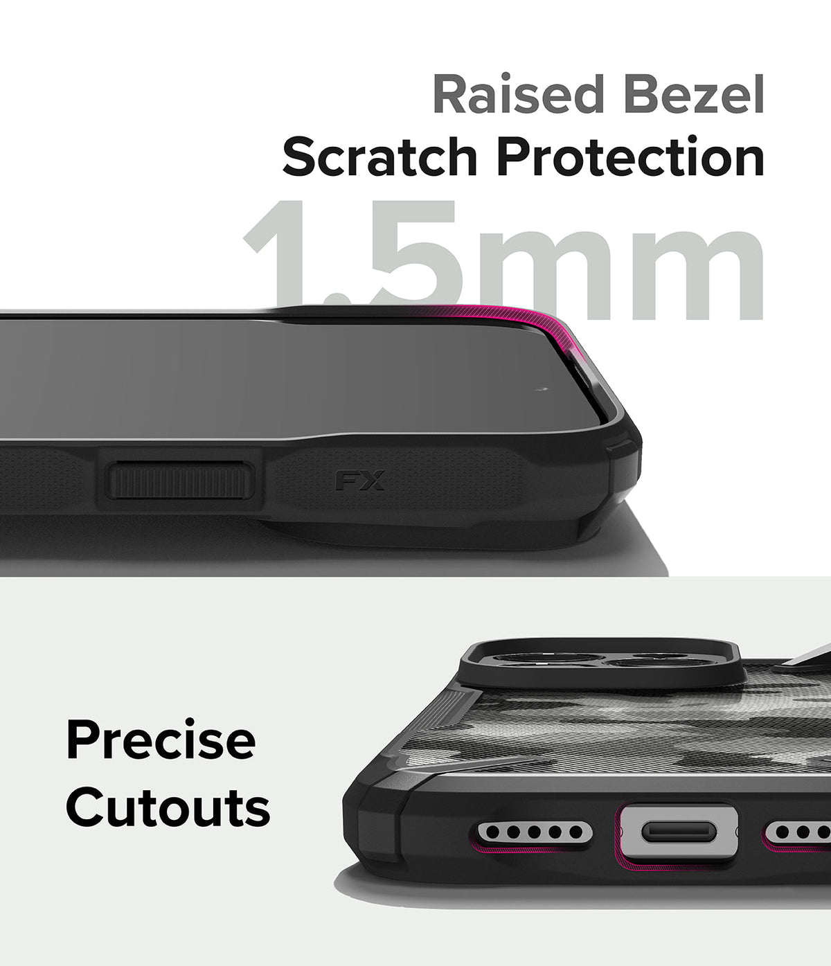 iPhone 15 Pro Max Case | Fusion-X - Close-up of phone case showing 1.5mm raised bezel and precise port cutouts.