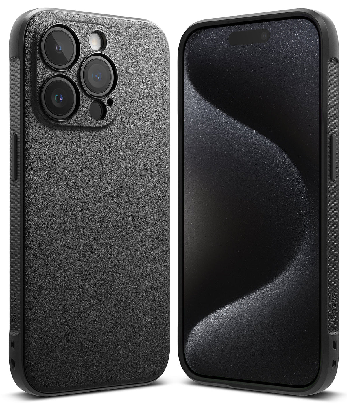 iPhone 15 Pro Max Case | Onyx - Matte black textured phone case shown from back and front views on a white background.