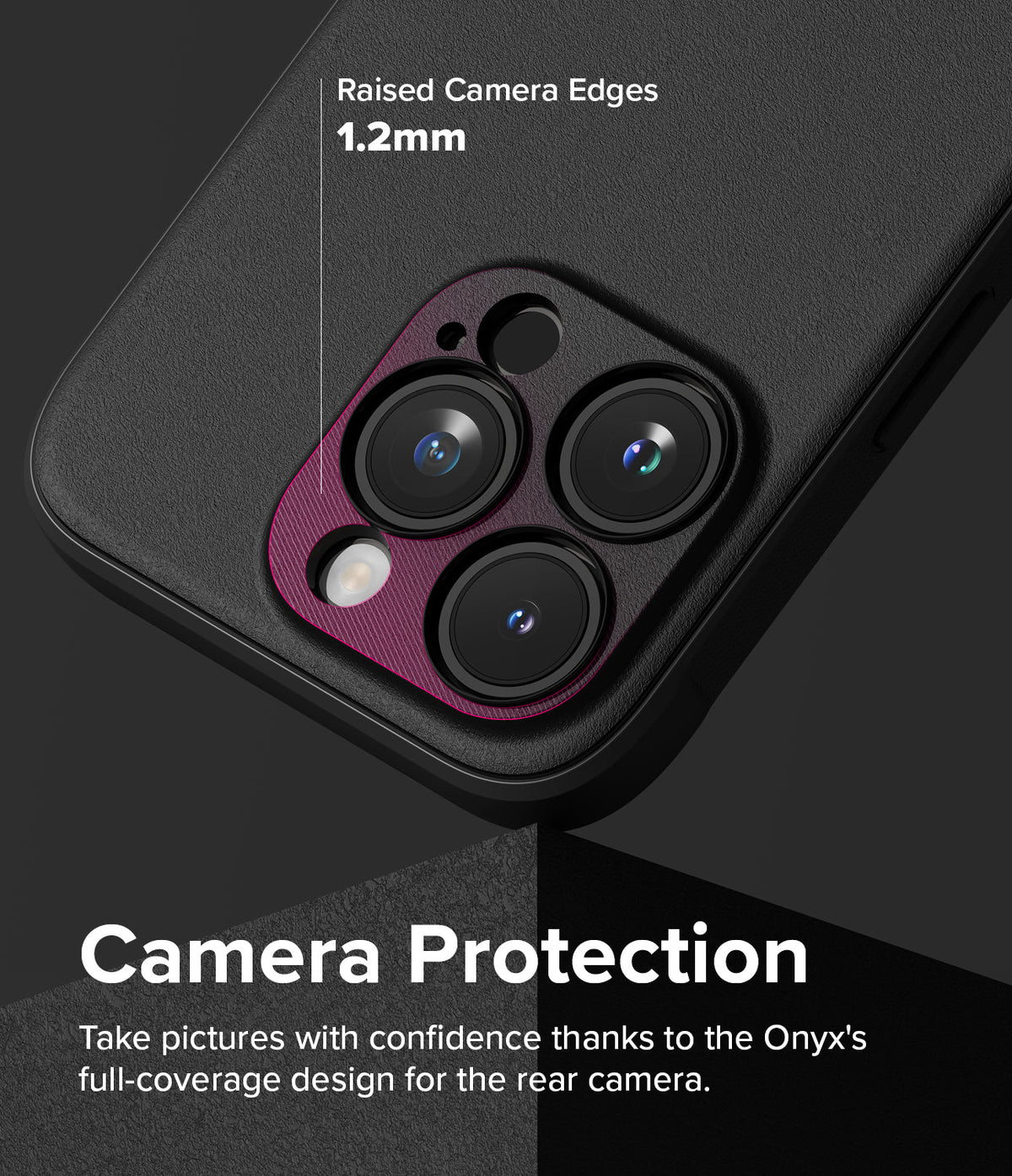 iPhone 15 Pro Max Case | Onyx - Close-up of black phone case showing 1.2mm raised camera edges with a textured purple ring.