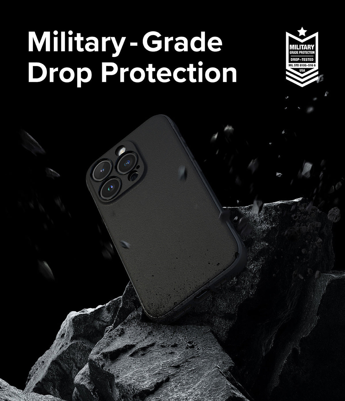 iPhone 15 Pro Max Case | Onyx - Black phone case hovering over jagged rocks with military-grade drop protection text.