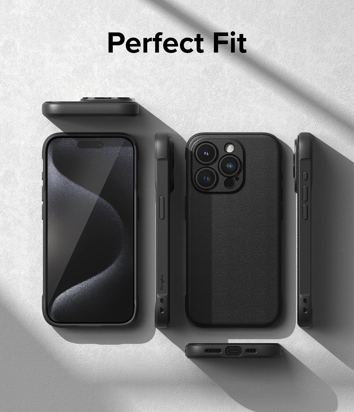 iPhone 15 Pro Max Case | Onyx - Multiple views of a black phone case showing front, back, and side profiles on a gray background.