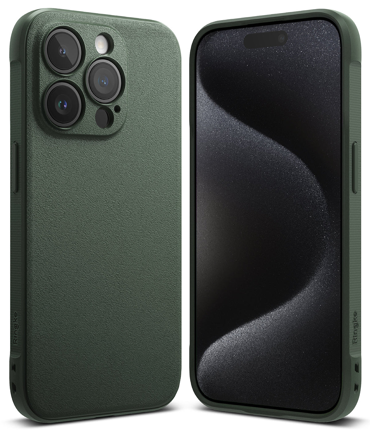 iPhone 15 Pro Max Case | Onyx - Front and back views of a textured dark green phone case on an iPhone 15 Pro Max.