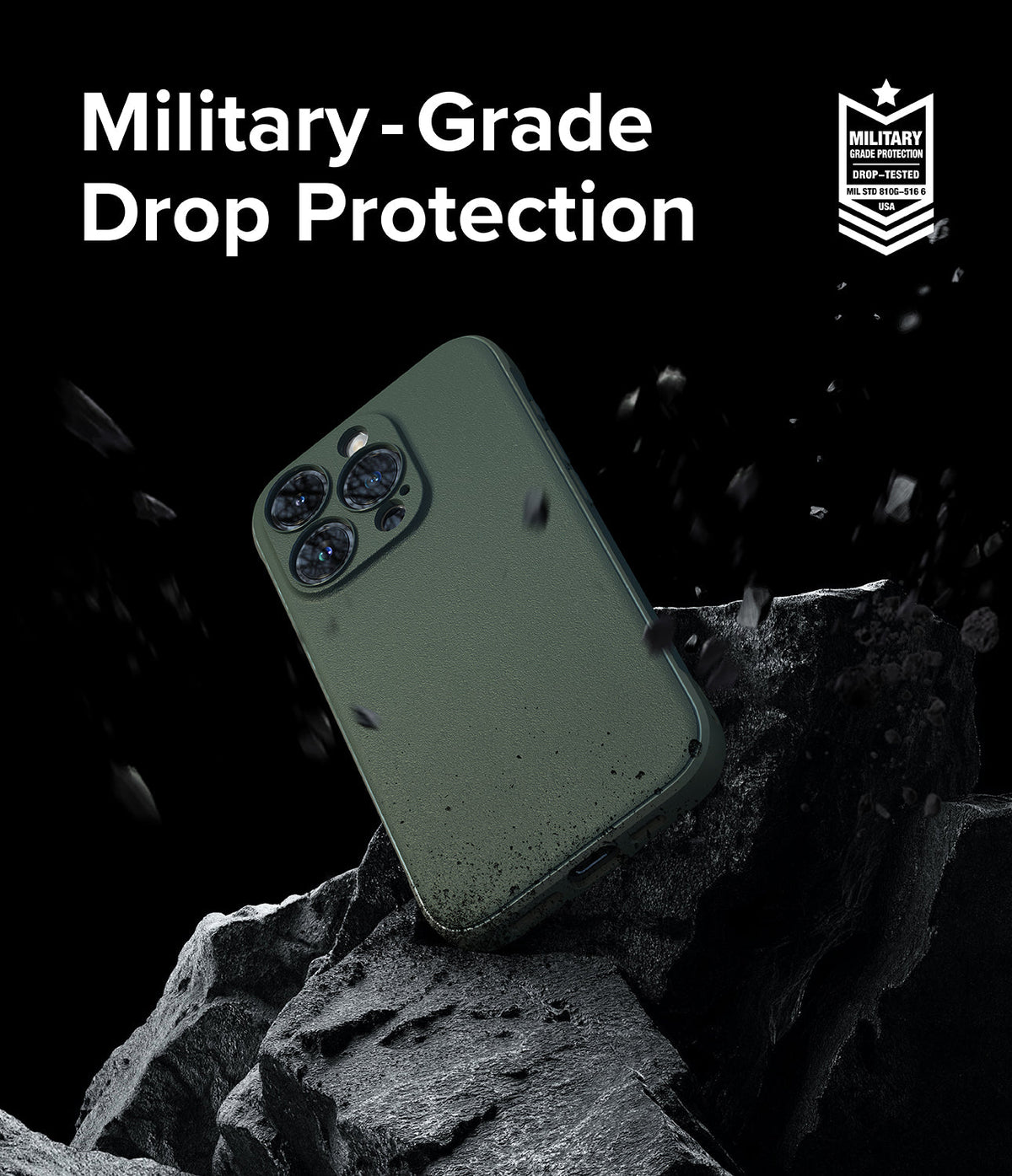 iPhone 15 Pro Max Case | Onyx - Olive green phone case floating above jagged black rocks with debris against a black background.